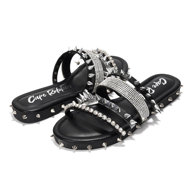 Cape Robbin Women's Slide Sandals Spiked Flat Slides, Summer 2025 Comfortable Slip-On Beach Shoes with PU Leather Sole (Xtreme) - Black Size 11 - Image 5